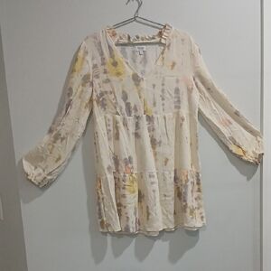 True Craft Cream and White 3/4 Sleeve Relaxed Mini Dress